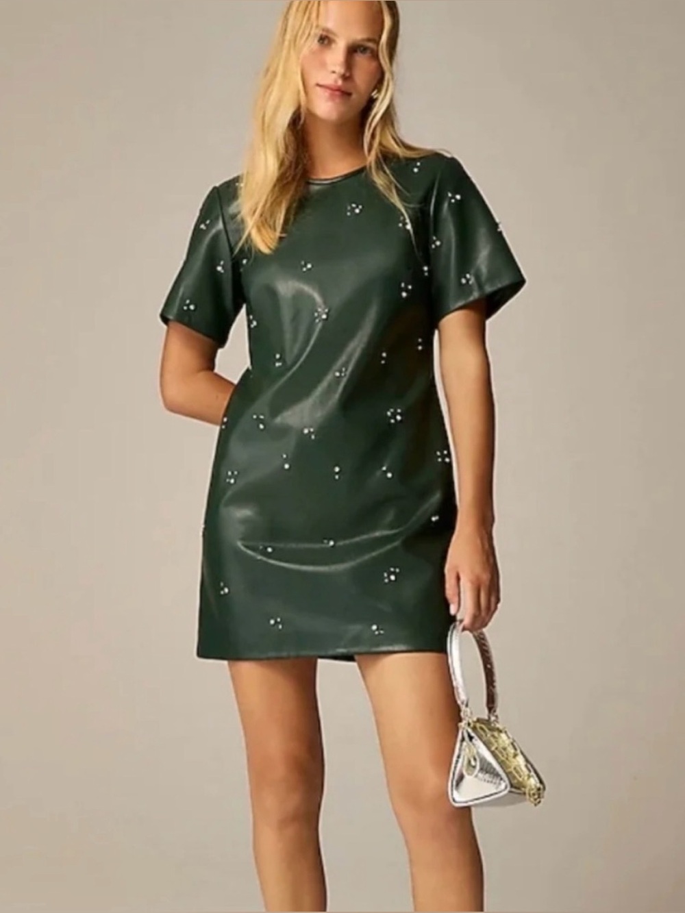 NWT J. Crew Collection Dark Green Faux-Leather Mini Dress with Embellishments